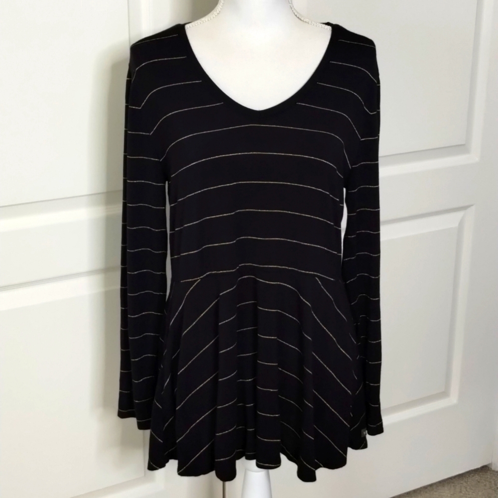 Matilda Jane large women's black with gold stripe long sleeve peplum blouse